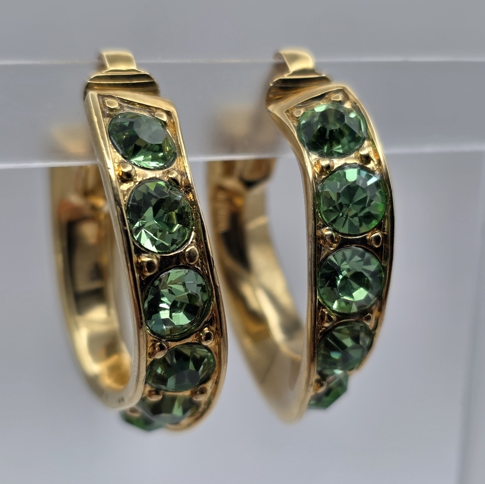 Vintage Kenneth J Lane KJL Green Rhinestone Clip On Earrings Gold Tone